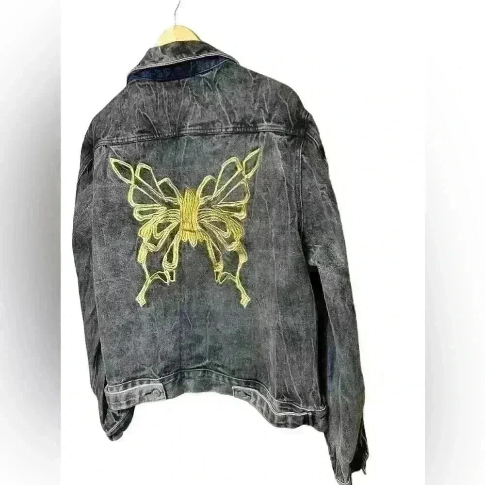 DMC Gray Denim Jacket Gold Butterfly Embroidery Boho Statement Women Size 8-10 - Picture 6 of 6